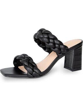 Women's Braided Heeled Sandals Summer Black Square Open Toe Chunky Block Heels
